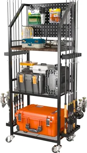 SOYEEZE Rolling Fishing Rod Rack 12-Rod Pegboard Cart