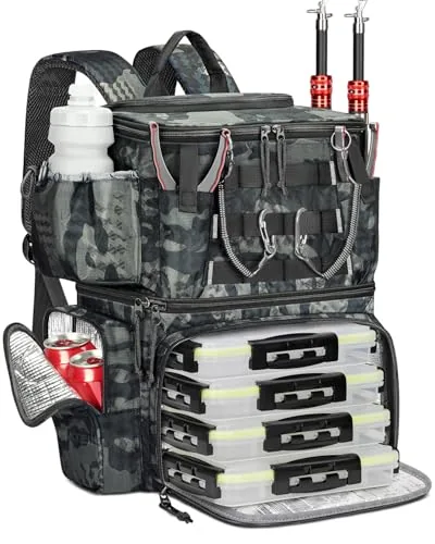 MATEIN Tackle Backpack with 4 Boxes and Rod Holder