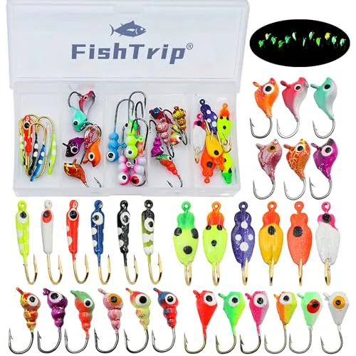 FishTrip 30-Piece Glow Ice Fishing Jig Kit