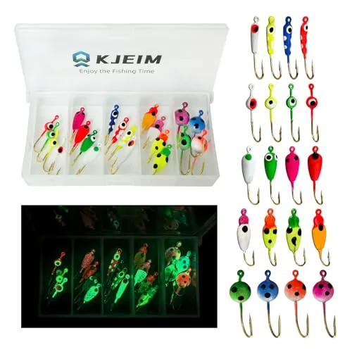 KJEIM Luminous Ice Fishing Jigs 20-Pack Glow Kit