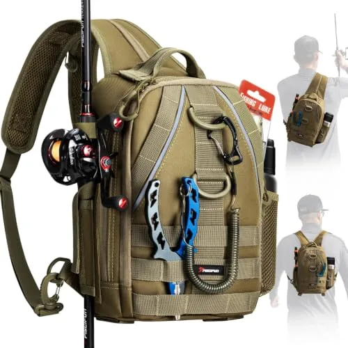 Piscifun Fishing Sling Backpack with Rod Holders, Khaki